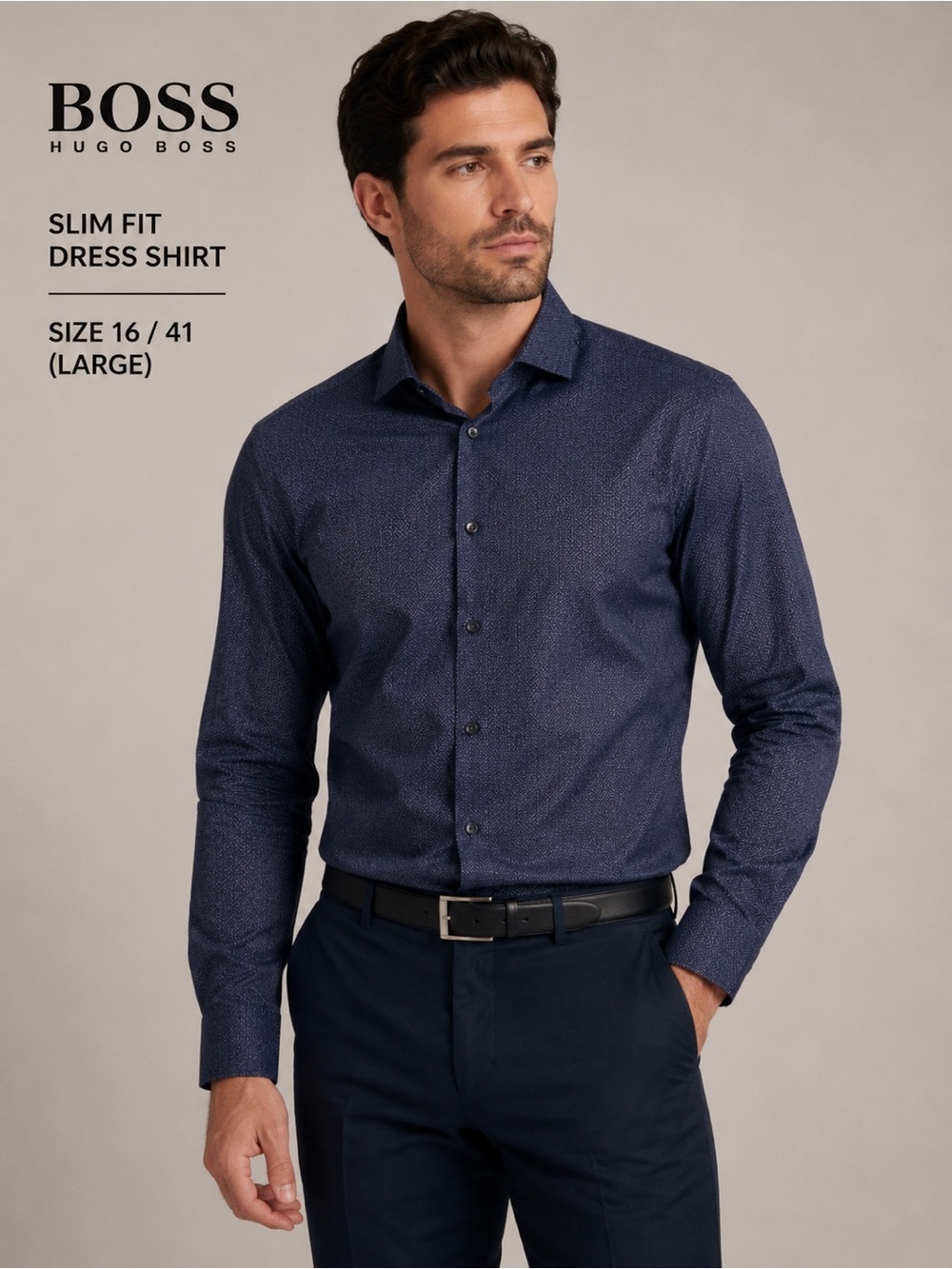 Hugo Boss Slim Fit Dress Shirt 16 / 41 Navy Textured Italian Fabric